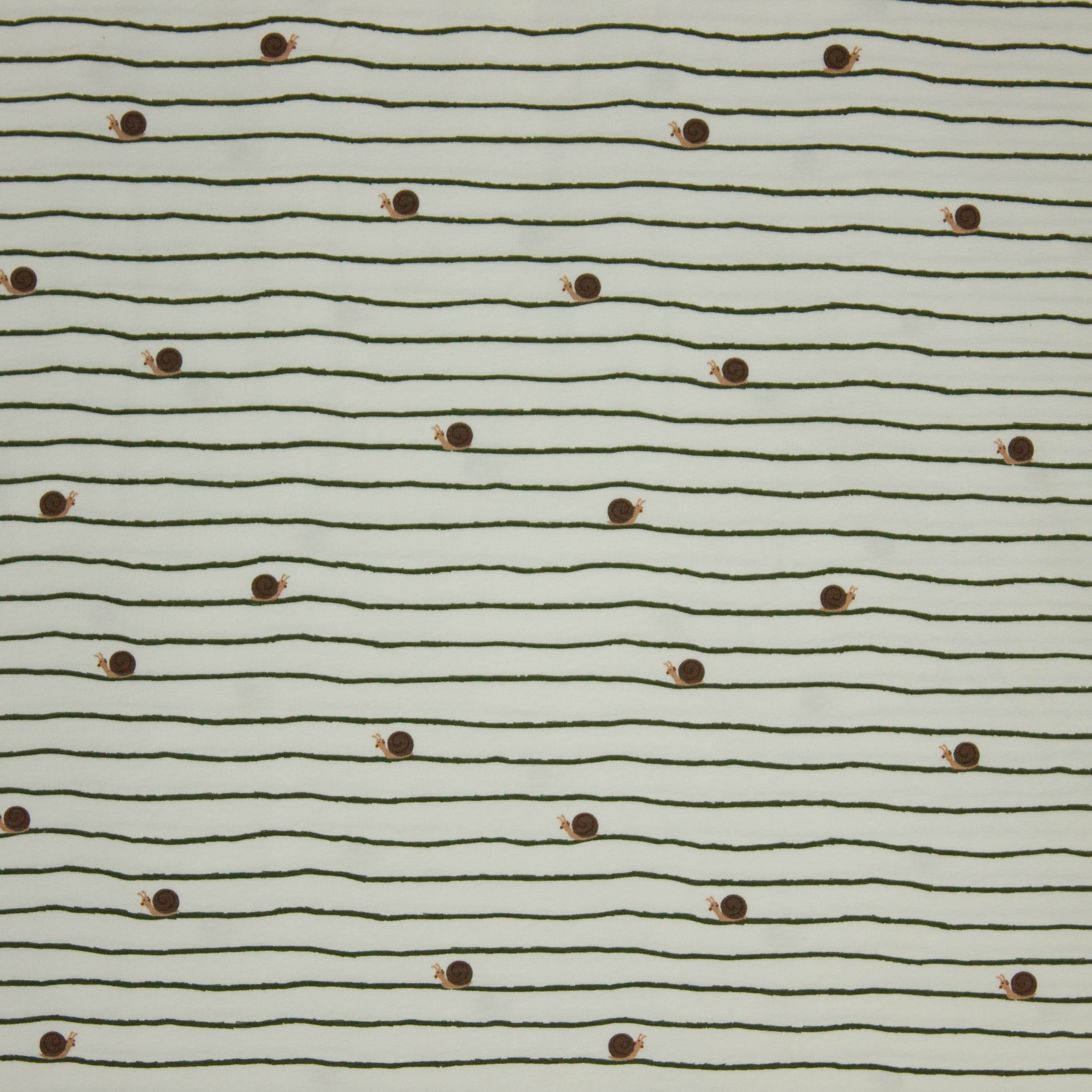 Katoen tricot wit met groene lijnen en slakken